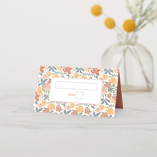 Abstract Floral & Birds Mid Century Modern Wedding Place Card (Front)