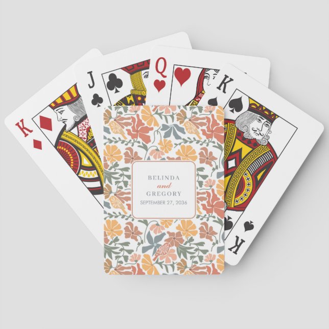 Abstract Floral & Birds Mid Century Modern Wedding Playing Cards (Back)