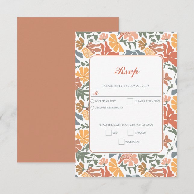 Abstract Floral & Birds Mid Century Modern Wedding RSVP Card (Front/Back)