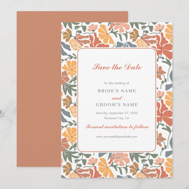 Abstract Floral & Birds Mid Century Modern Wedding Save The Date (Front/Back)