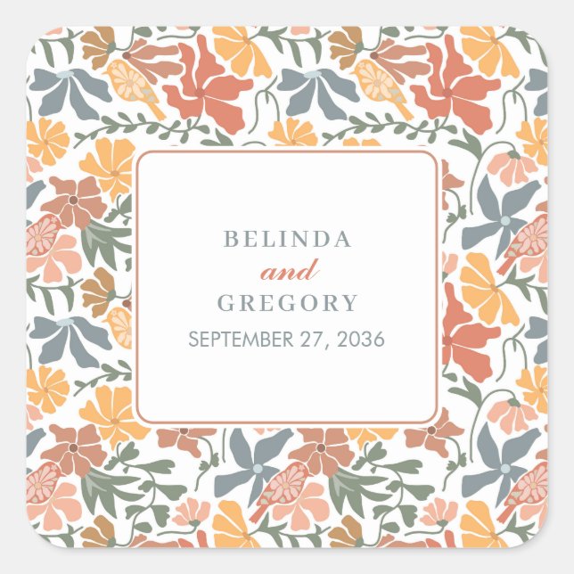 Abstract Floral & Birds Mid Century Modern Wedding Square Sticker (Front)