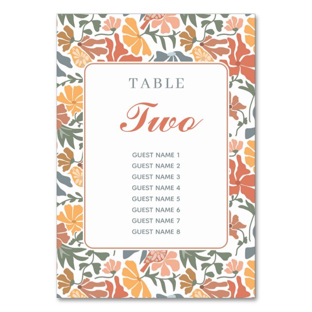 Abstract Floral & Birds Mid Century Modern Wedding Table Number (Front)