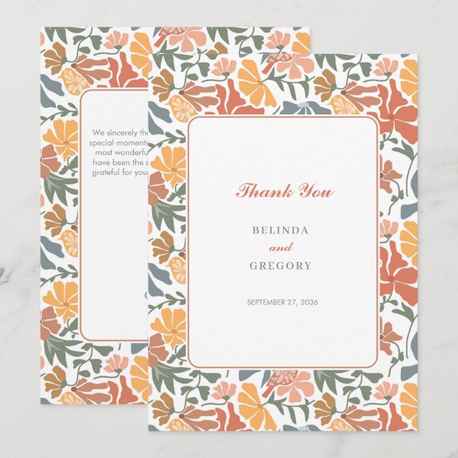 Abstract Floral & Birds Mid Century Modern Wedding Thank You Card (Front/Back)