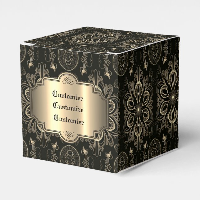 Abstract Floral Black And Gold Cube Favour Box (Front Side)