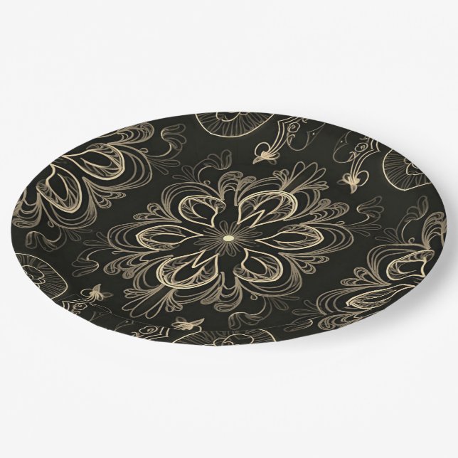 Abstract Floral Black And Gold Pattern Paper Plate (Angled)