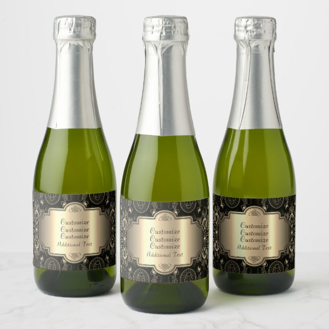 Abstract Floral Black And Gold   Sparkling Wine Label (Bottles)