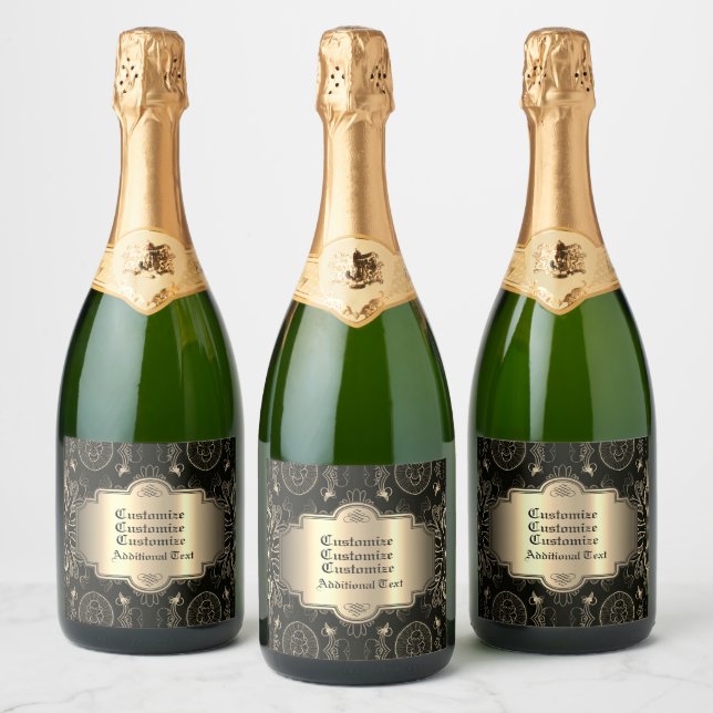 Abstract Floral Black And Gold   Sparkling Wine Label (Bottles)