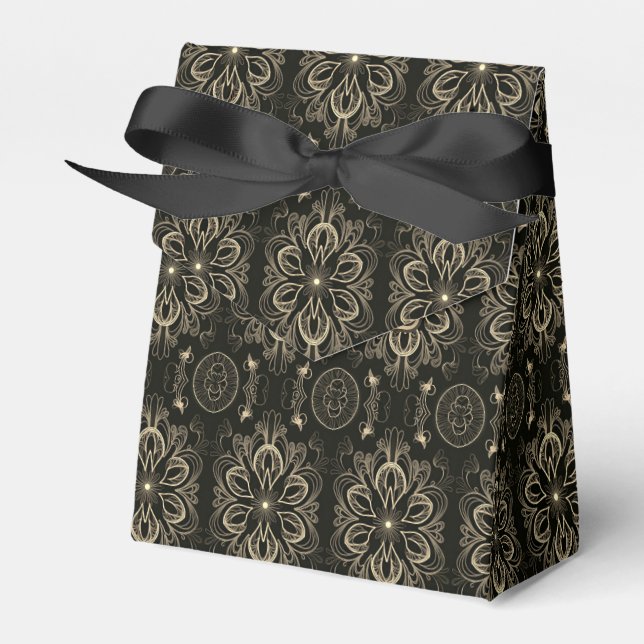 Abstract Floral Black And Gold Tent Favour Box (Front Side)
