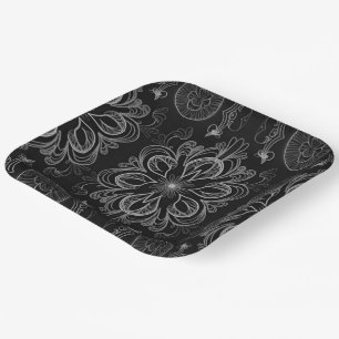 Abstract Floral Black And Silver Pattern Paper Plate