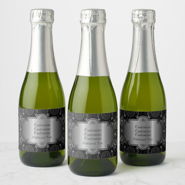 Abstract Floral Black And Silver Sparkling Wine Label (Bottles)