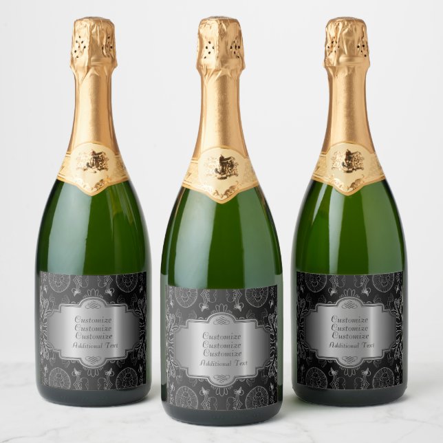 Abstract Floral Black And Silver Sparkling Wine Label (Bottles)