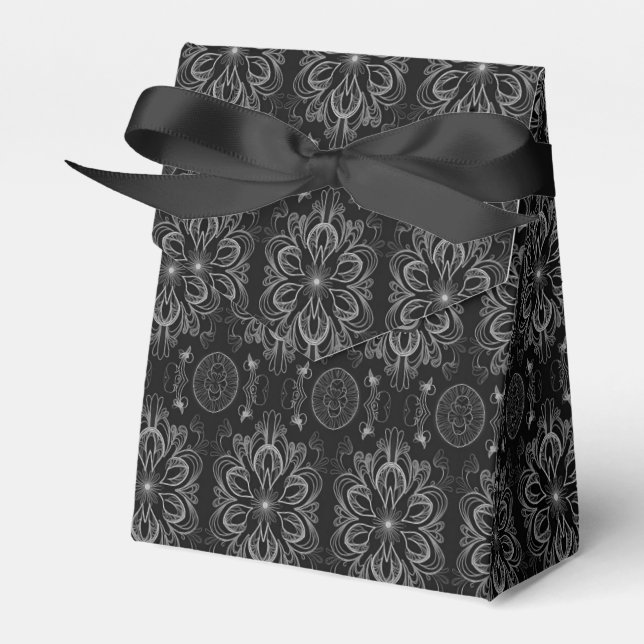 Abstract Floral Black And Silver Tent Favour Box (Front Side)