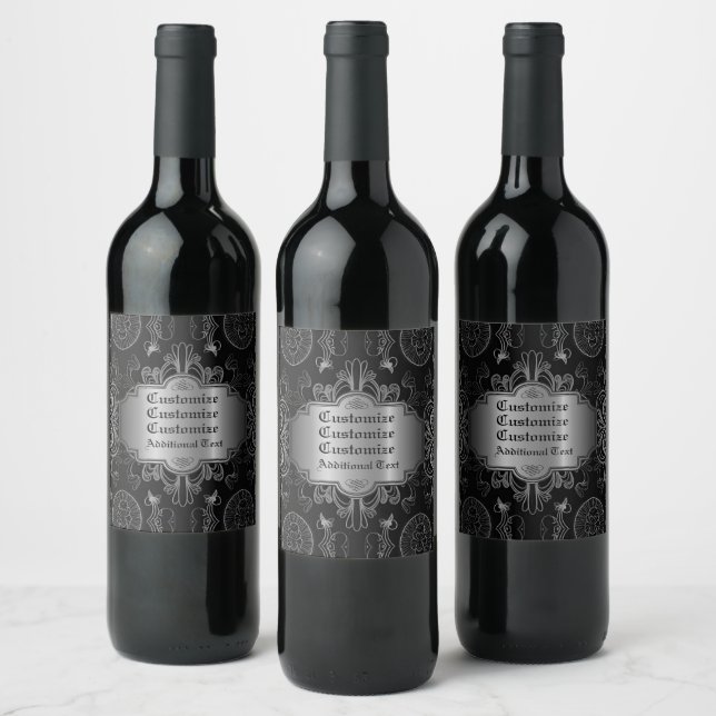 Abstract Floral Black And Silver Wine Label (Bottles)