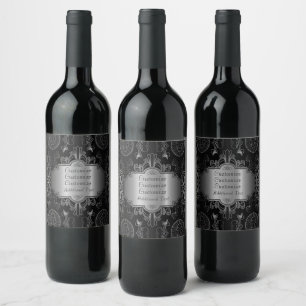 Abstract Floral Black And Silver Wine Label