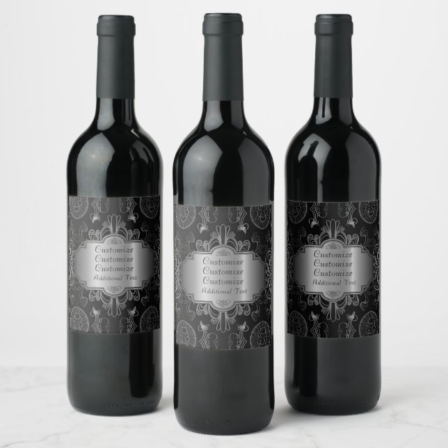 Abstract Floral Black And Silver Wine Label (Bottles)