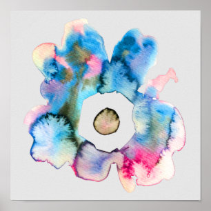 Abstract floral blue in grey watercolor poster