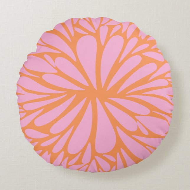 Abstract floral burst pattern pastel orange & pink round cushion (Front)