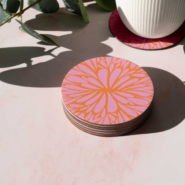 Abstract floral burst pattern pastel orange & pink round paper coaster (Creator Uploaded)