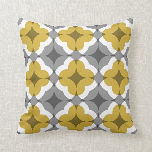 Image of Abstract Floral Clover Pattern in Mustard and Grey Cushion