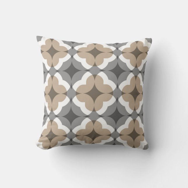 Abstract Floral Clover Pattern in Tan and Grey Cushion (Front)