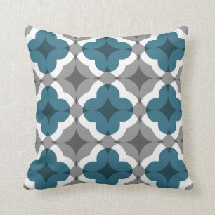 Abstract Floral Clover Pattern in Teal and Grey Cushion