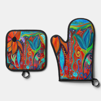 Abstract floral colourful pot holder and mitt oven mitt & pot holder set