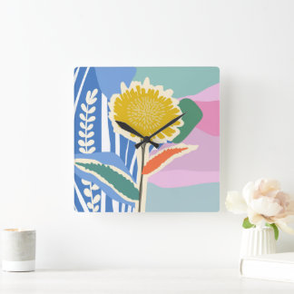 Abstract Floral Dandelion Colour Blocks Modern  Square Wall Clock