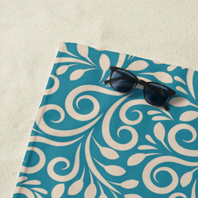 Abstract floral dark cyan pattern beach towel (In Situ)