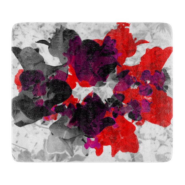 Abstract floral design - red and purple over white cutting board (Front)