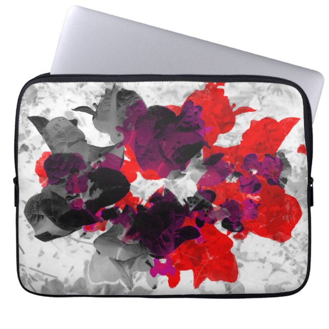 Abstract floral design - red and purple over white laptop sleeve (Front)