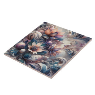 Abstract Floral Design With Swirls and Pearls Tile