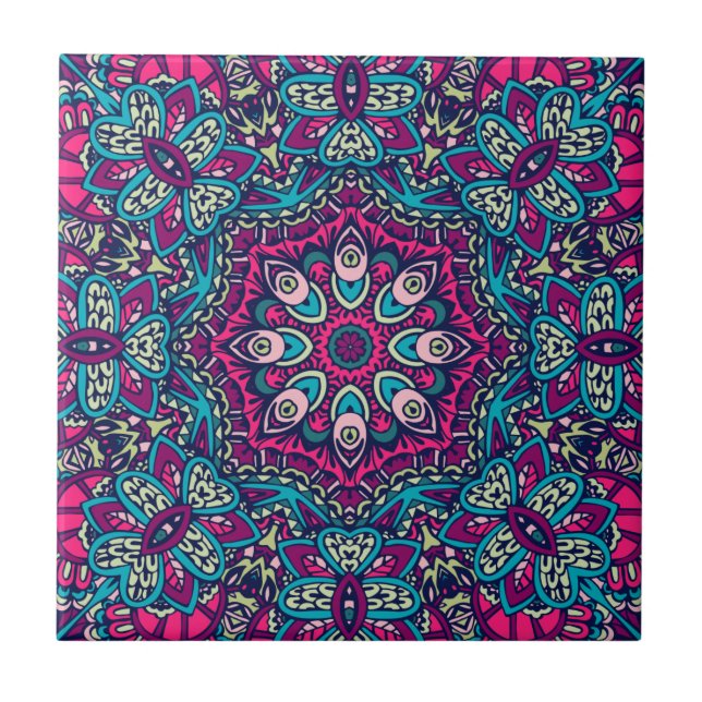 Abstract Floral Festive Mandala, Teal Magenta  Tile (Front)