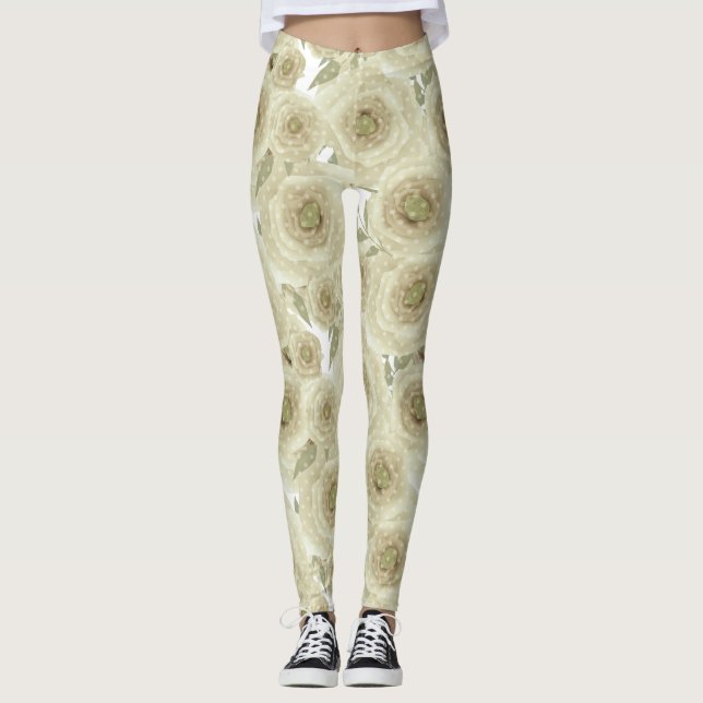 Abstract floral flowers roses beige colour pattern leggings (Front)
