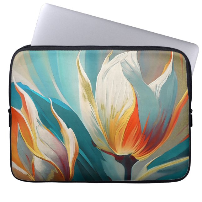 Abstract Floral Glow in Teal and Orange Laptop Sleeve (Front)