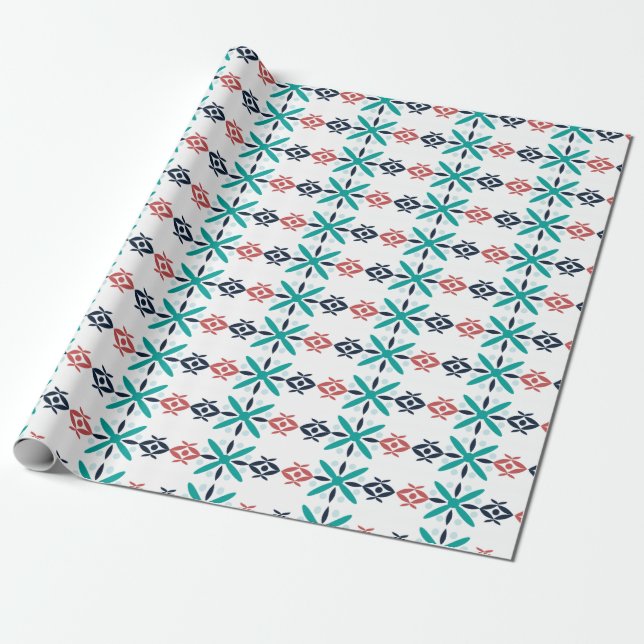 Abstract Floral Holiday Pattern Blue Wrapping Paper (Unrolled)
