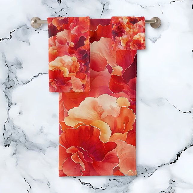 Abstract Floral Ignition Bath Towel Set (Abstract Floral Ignition towel set.  Orange, coral, red, floral towels.)