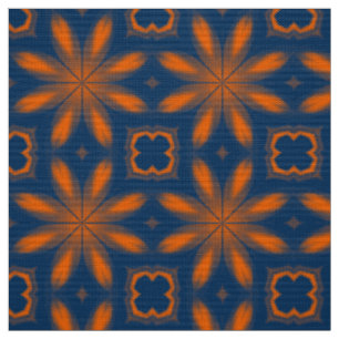 Abstract floral kaleidoscope dark blue orange fabric
