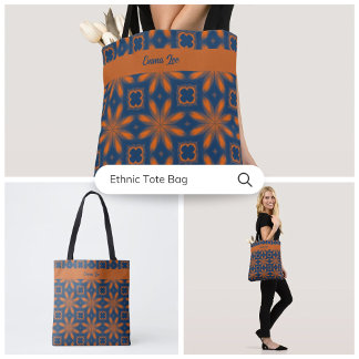 Abstract floral kaleidoscope dark blue orange tote bag