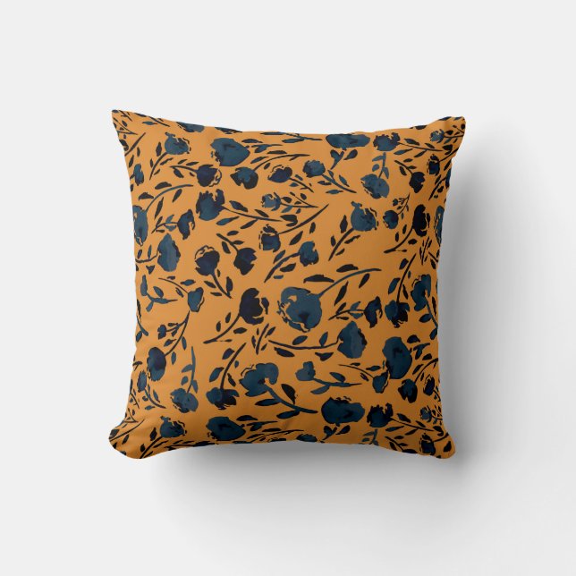 Abstract Floral Mustard & Blue Chic Cushion (Front)