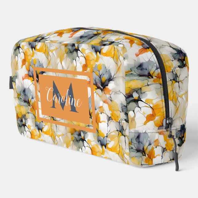 Abstract floral neutral earth tones name monogram dopp kit (Right Corner)