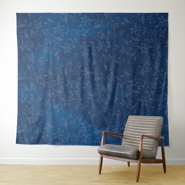 Abstract Floral on Navy Blue Stains Background Tapestry (In Situ (Horizontal))