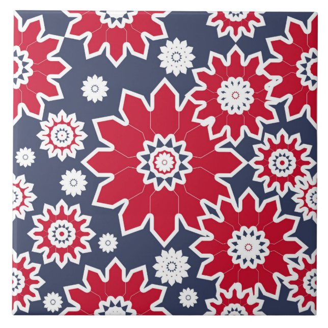 Abstract floral pattern, burgundy, white, blue tile (Front)