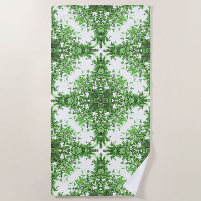 Abstract Floral Pattern In Black & Green On White Beach Towel (Front)
