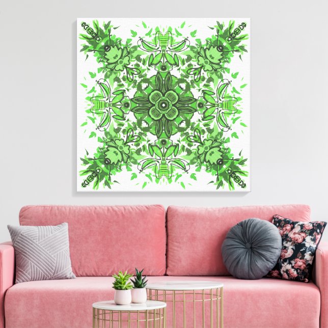 Abstract Floral Pattern In Black & Green On White Canvas Print (Insitu(LivingRoom))