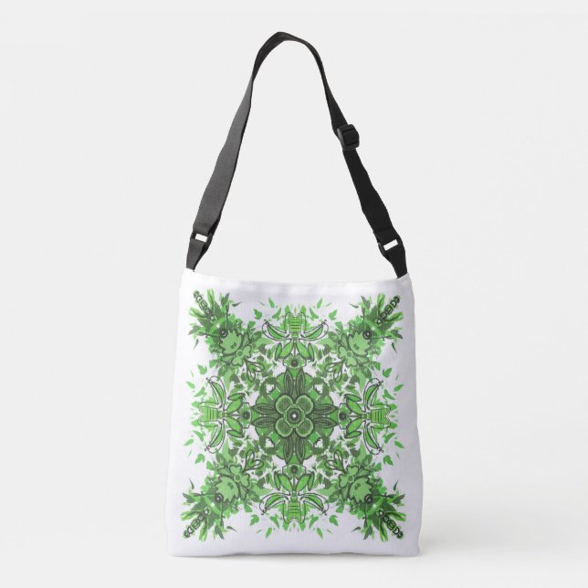 Abstract Floral Pattern In Black & Green On White  Crossbody Bag (Back)