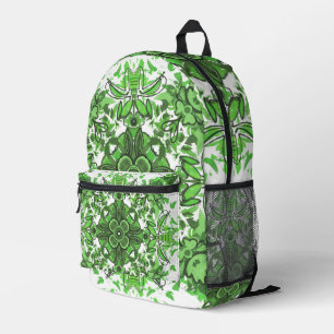 Abstract Floral Pattern In Black & Green On White Printed Backpack