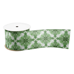 Abstract Floral Pattern In Black Green On White Satin Ribbon