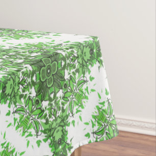 Abstract Floral Pattern In Black & Green On White Tablecloth
