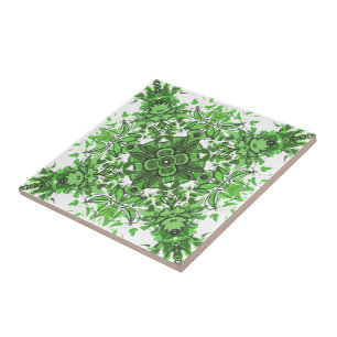 Abstract Floral Pattern In Black Green On White    Tile