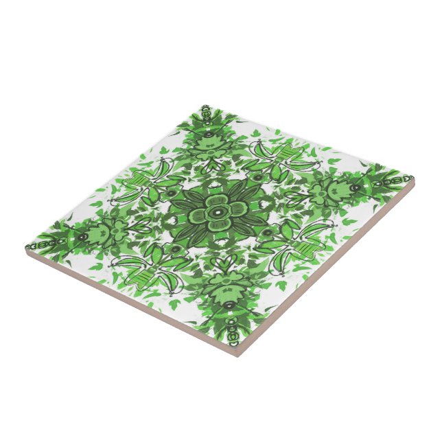 Abstract Floral Pattern In Black Green On White    Tile (Side)